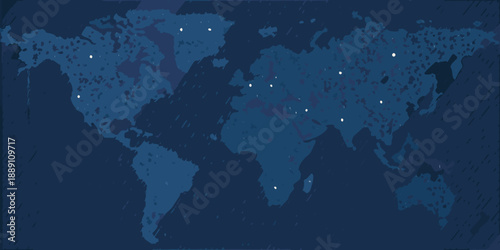 A dark blue world map with scattered glowing white star like points