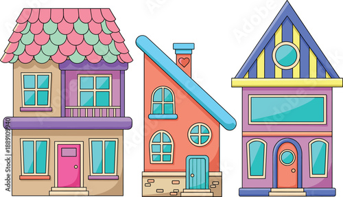 Hand drawn colorful cartoon house icons set with cute buildings for kids, fairy tale town, and home design