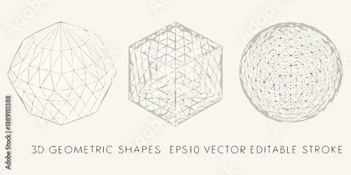 Three dimensional geometric shapes illustrated with wireframe outlines