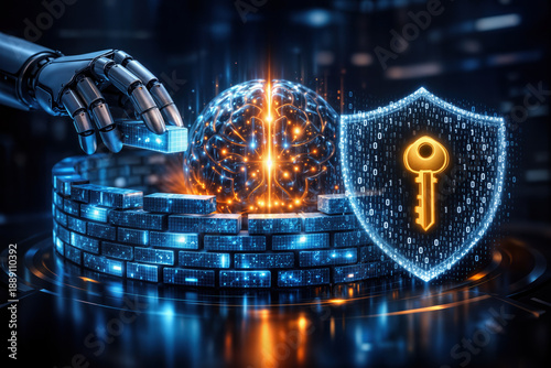 Futuristic robotic hand assembling glowing data brick wall around illuminated digital brain with binary code shield and golden key symbolizing AI data security and sovereignty in enterprise innovation