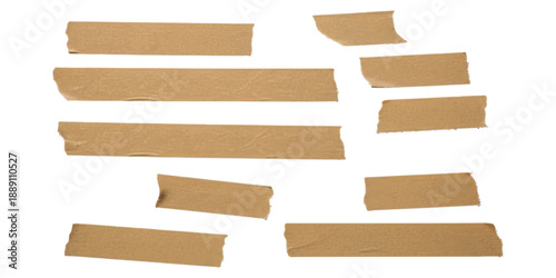 A collection of various torn pieces of brown tape isolated on a clean white background