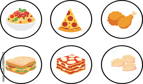 Fast Food and Comfort Food Icon Set Featuring Pizza, Fried Chicken, Sandwich, Pasta, Lasagna, and Dumplings in Flat Vector Style