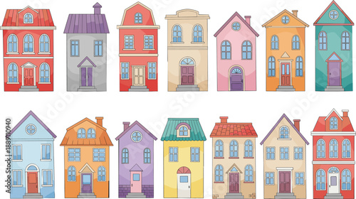 Hand drawn colorful town house icons set with cute residential buildings for village street and urban design