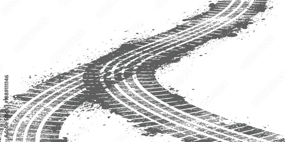 Obraz premium Gritty tire tracks with dirt splatters on a white background creating an off-road path design element