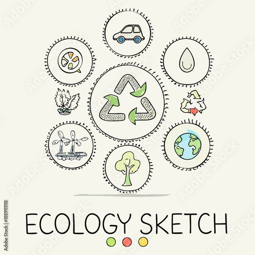 Ecology themed hand drawn icons illustrating environmental concepts and sustainability