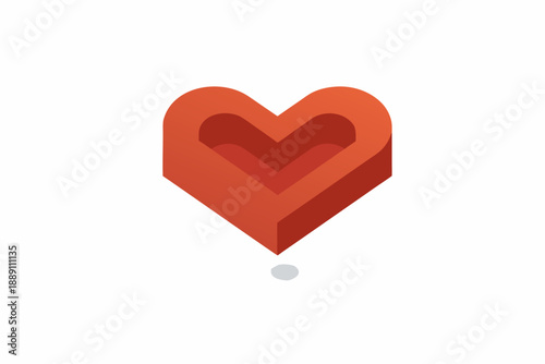 A three dimensional red heart shape with a shadow isolated on white