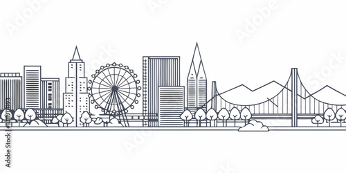 Minimalist line art depicting a city skyline with iconic landmarks