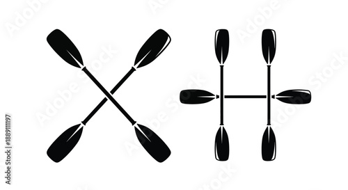 Two pairs of crossed black kayak or canoe paddles in a simple graphic design