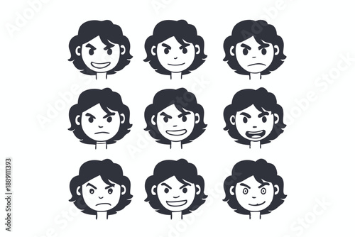 Black haired girl's facial expressions showing different moods conveys diverse emotions clearly
