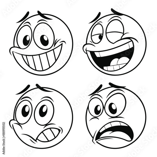 Various cartoon emoji faces express emotions like joy, nervousness, winking, and fear within simple lines