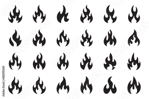 Black fire flame silhouettes collection representing heat energy power and combustion symbols set