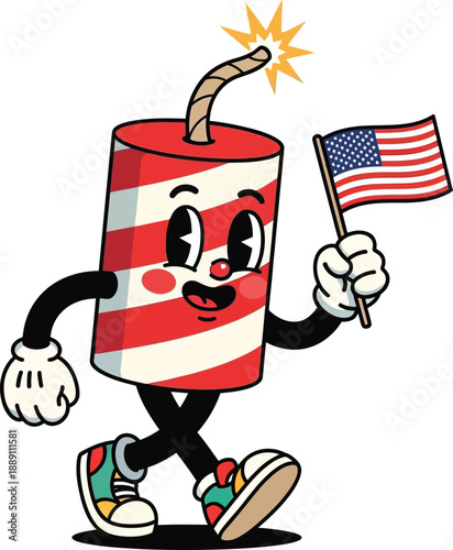Patriotic Firecracker Holding USA Flag Fourth of July Cartoon Mascot Vector