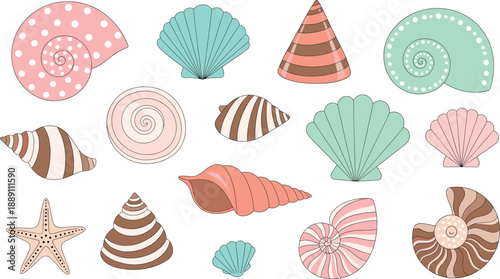 Pastel Seashell Collection Cute Hand Drawn Marine Shells and Starfish Isolated on White Background