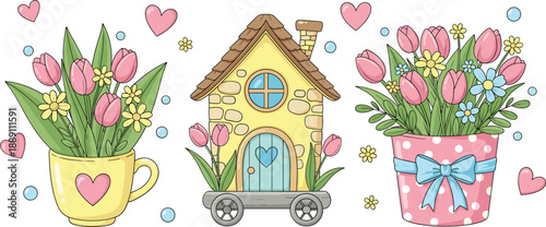 Hand drawn cute spring flower pots and little house illustration set with tulips, hearts, and romantic decor