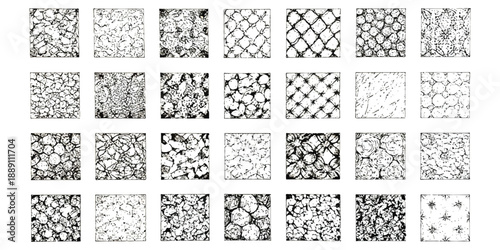 A collection of black and white abstract texture patterns in a grid layout