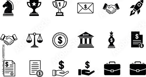 Black and white business icons isolated on transparent background