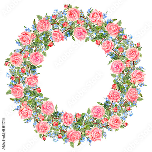 Hand painted round rich Vignette with pink Roses and Forget-me-not flowers in it.