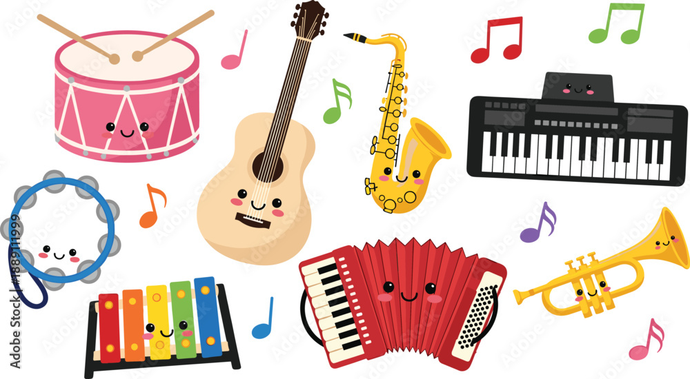 Obraz premium Cute Cartoon Music Instruments Icons Set with Drum, Guitar, Saxophone, Piano, Accordion, Trumpet, Tambourine and Xylophone