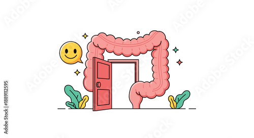 Human intestine illustration with open door and happy face icon