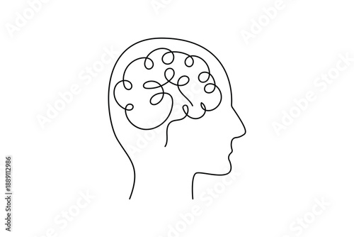 Human head and brain one line art vector illustration on white background