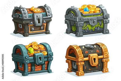 Set of Colorful Treasure Chests with Coins in a Cartoon Style