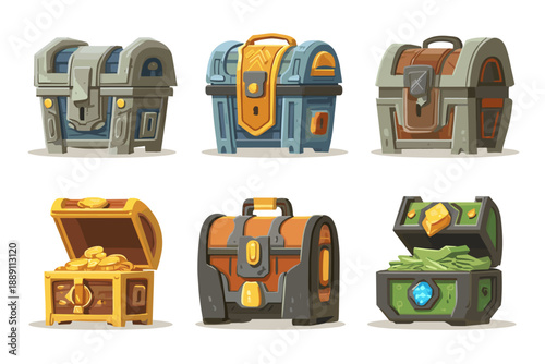 Set of Colorful Fantasy Treasure Chests in Various Designs