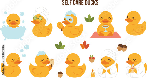 Self Care Ducks Illustration Set Featuring Bath, Spa, Yoga, and Relaxation Activities in Flat Vector Style