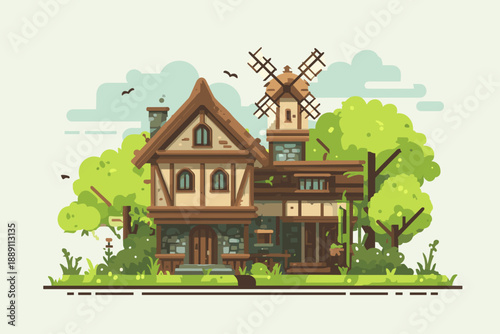 Charming Vintage House with Windmill in a Lush Green Landscape