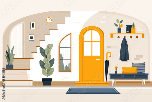 Stylish Home Entrance with Modern Decor and Greenery in Vector Format