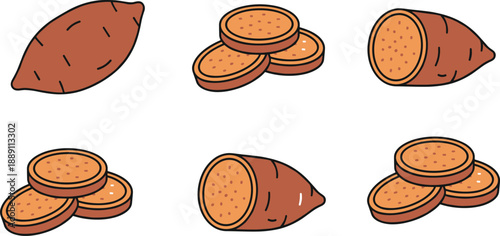 Sweet Potato Illustration Set Featuring Whole and Sliced Tubers in Flat Vector Style