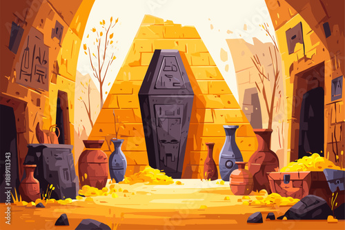 Ancient Egyptian Tomb Entrance with Pyramids and Artifacts