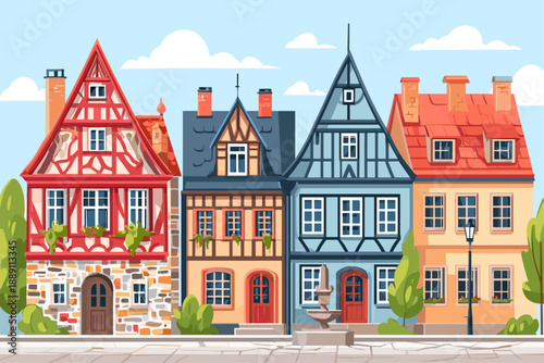 Charming European Village with Colorful Houses and Fountain