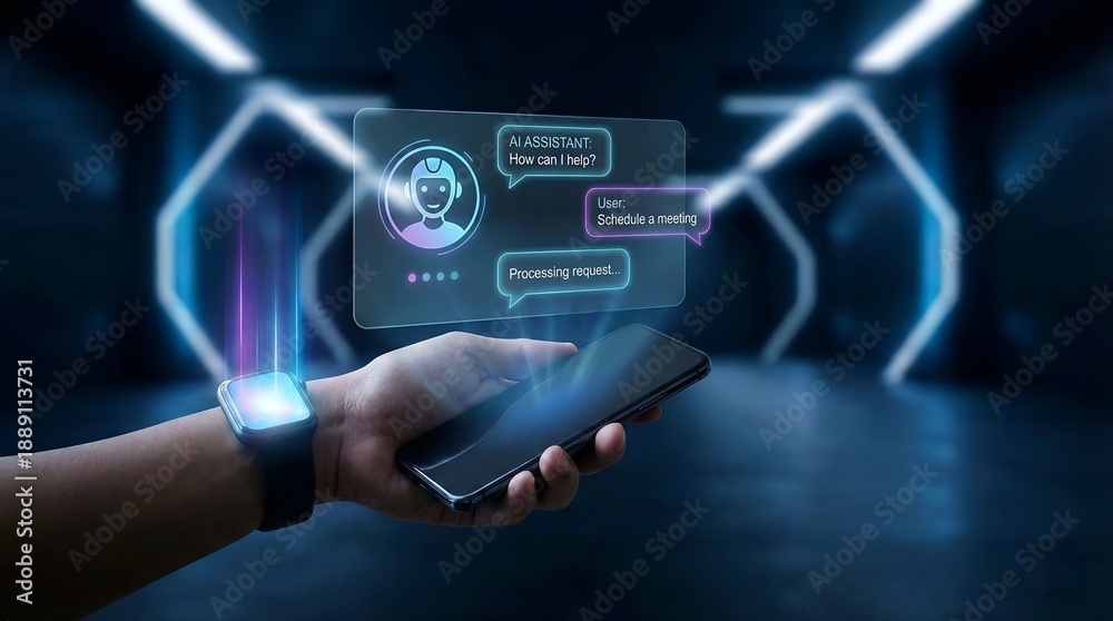 Fototapeta premium Person Interacting with Ai Assistant on Holographic Interface Projected from Smartwatch and Smartphone