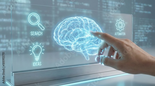 Human Hand Touching Glowing Digital Brain on Transparent Screen, Representing Ai and Future Concepts