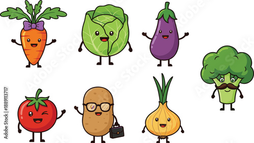 Hand drawn funny vegetable cartoon characters set with carrot, cabbage, eggplant, tomato, potato, onion, and broccoli