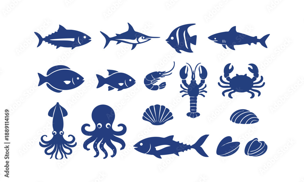 Fototapeta premium Marine seafood line icons clean outline vector illustration, easily editable. 