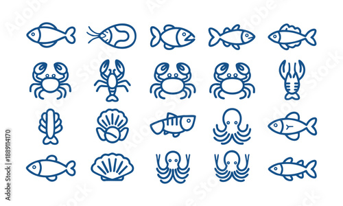 Minimal seafood outline icons fish shellfish vector art
, easily editable. 