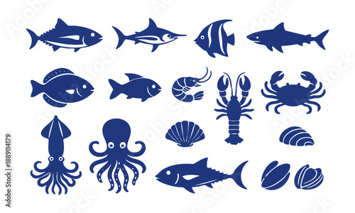 Seafood line art icon set fish and shellfish vector illustration, easily editable. 