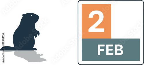 Groundhog Day Minimalist Groundhog Silhouette with Shadow and February 2 Calendar 