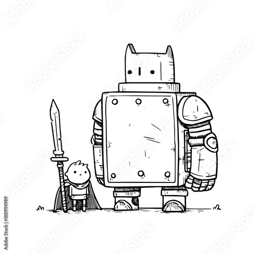 Little Boy Standing Next to Robot Holding Sword
