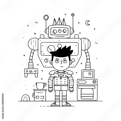 Sad Boy Standing Next to Robot in Space