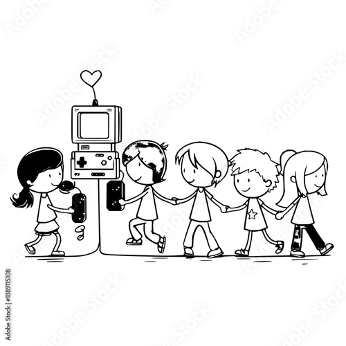 Children Walking Hand in Hand with Old TV and Computer