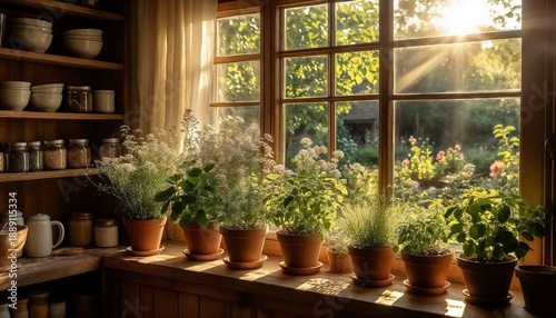 Sunlight streaming through window illuminating herb pots in kitchen  
