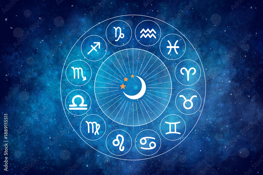 Fototapeta premium A Western astrological circle containing the 12 zodiac symbols against a beautiful, colorful star-filled space background. Astrology and horoscope concepts.