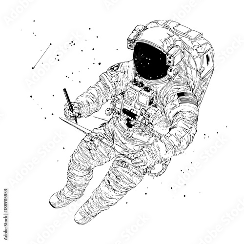 Astronaut Floating in Space Writing with Pencil