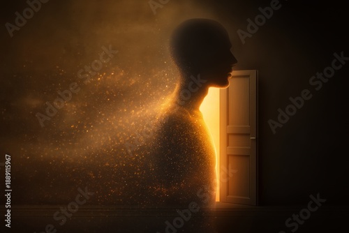 Abstract human silhouette emerging from a glowing doorway symbolizing transformation and new beginnings
