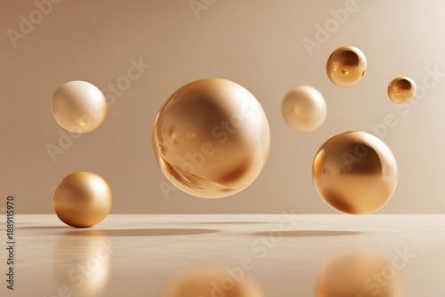 Floating golden spheres arranged in balance representing harmony and abstract value