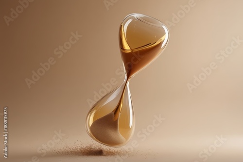 Surreal glass hourglass with flowing sand symbolizing time distortion and transformation