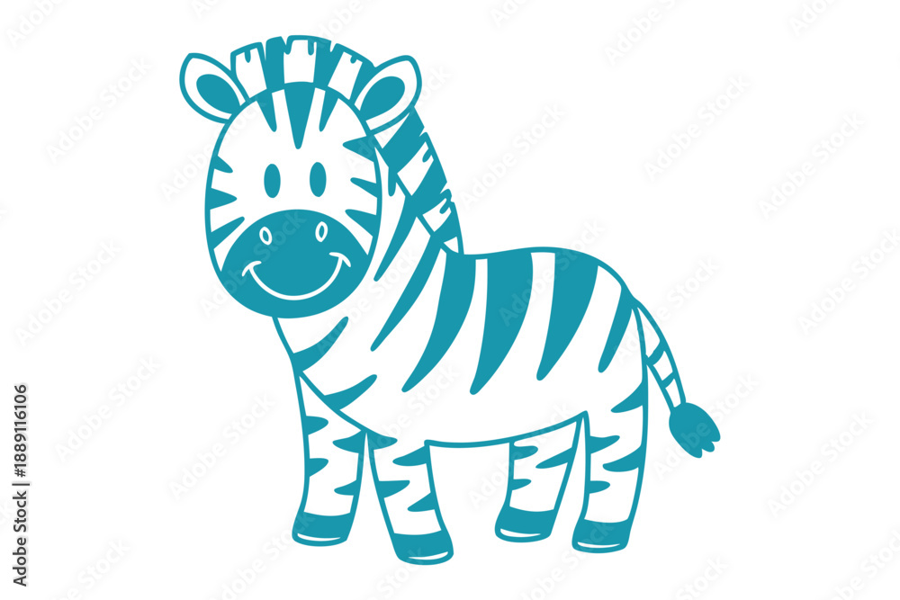 Fototapeta premium A cute stylized teal zebra smiles cheerfully, standing on a bright white background