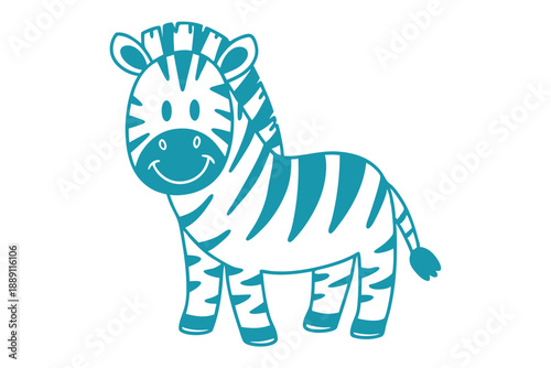 A cute stylized teal zebra smiles cheerfully, standing on a bright white background